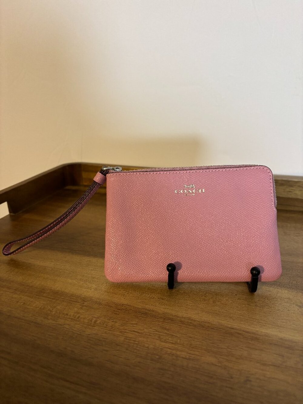 Coach Pink Crossgrain Leather Corner Zip Wristlet